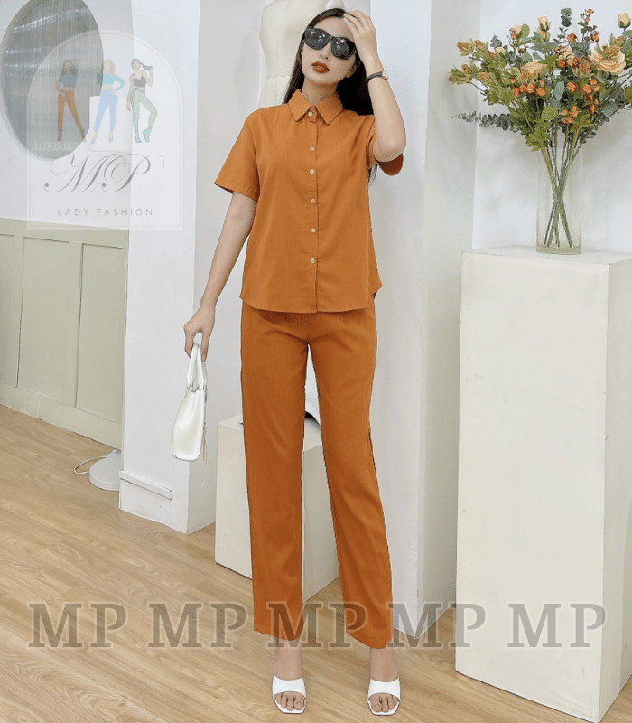 Đồ bộ mặc nhà dài nữ, cổ sơ mi tay ngắn, linen, thoải mái